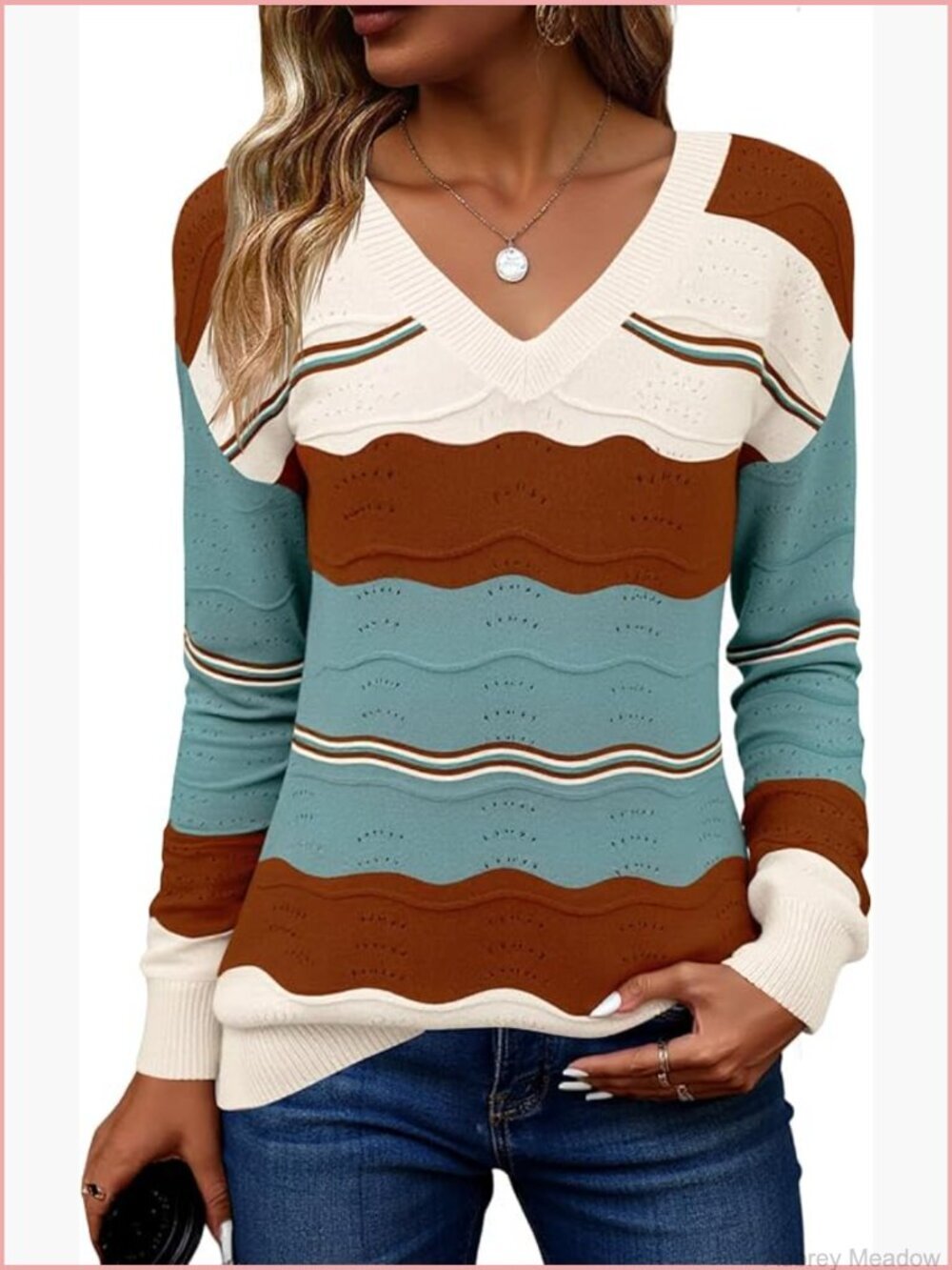 V Neck Crochet Knit Pullover Sweater Fall Long Sleeve Lightweight Tops